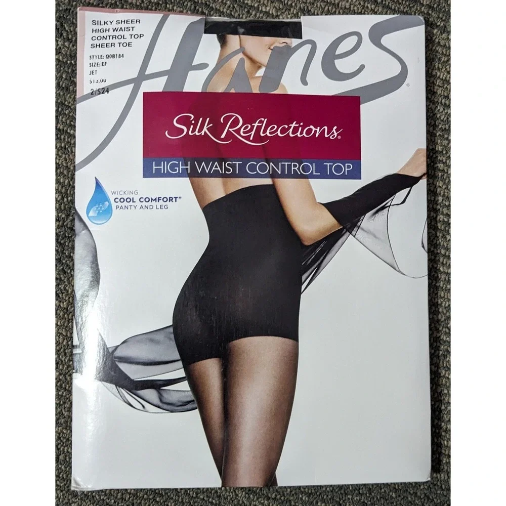 Hanes EF Panty Hose Silk Reflections‎ High Waist Control Top Sheer Toe Jet Black